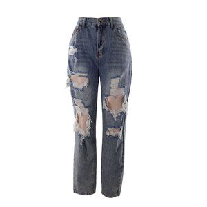 Medium 100% Cotton Super High Rise Destructed Ripped Taper Leg